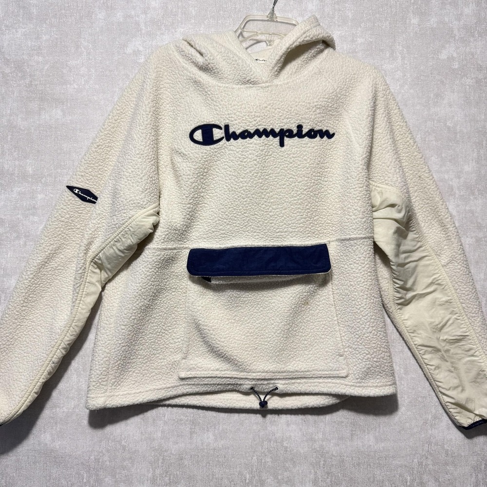 Champion Hoodie Mens Large White Sherpa‎ Fleece Pullover Kangaroo Pocket